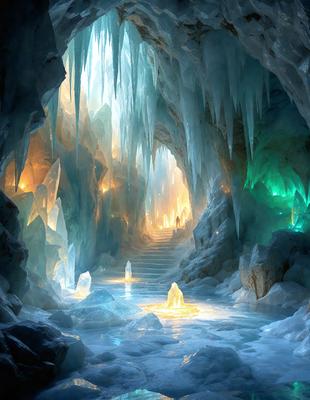 The primary subject of the image is a person standing in a cave, surrounded by ice and snow. The setting is a cave with a staircase leading to a higher level. The visual style is a digital art, creating a surreal and fantastical atmosphere. The dominant colors are blue and white, with the blue lighting adding to the overall mood of the scene.